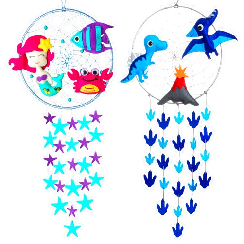 Kikiddo Dinosaur and Mermaid Dream Catcher Bundle for Girls and Boys - Handmade Dream Catchers for Kids - Dinosaur Room Decor - Mermaid Room Decor
