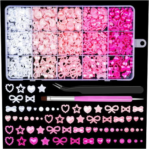 EditTime 3D Mix Assorted Color Nail Art Charms Kit, Resin Flower Heart Star Bow Rainbow Candy Bear Bee Fruit Hollow Pearl Nail Decoration with Pickup Tools for Craft DIY (C5-15Grids-rose)