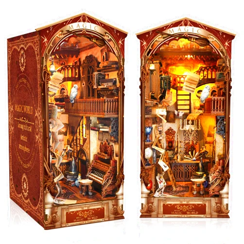 Quanquer DIY Book Nook Kit - DIY Dollhouse Booknook with LED Light - 3D Wooden Puzzle Miniature House Kits Bookends - DIY Crafts for Adults - Bookshelf Insert Decor - Gifts Family and Friends