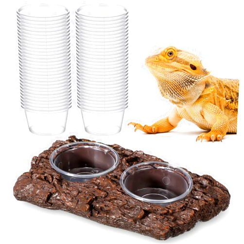 CroBlissful 52 Pcs 3.3oz Feeding Cups with Reptile Feeder Ledge Food Dish Plastic Cups Double Bowl Reptile Food Water Feeder for Reptile Crested Gecko Lizard Chameleon Pets