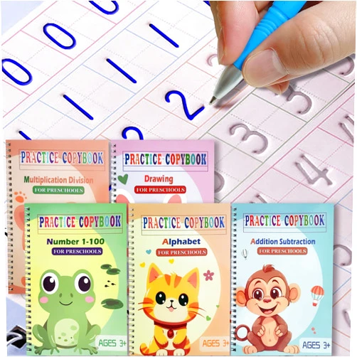 FREKNOW Magic Grooved Practice Copybook 5 Pack with Pens, Groove Reusable Magical Handwriting Workbooks, Tracing Letters Numbers, Math, Kindergarten Sight Words for Kids Ages 3-8 for Preschool(5books+Pens）