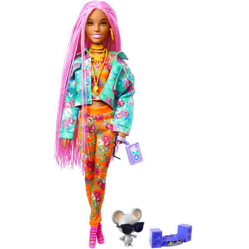 Barbie Extra Doll & Accessories with Long Pink Braids in Teal Floral Jacket & 2-Piece Floral Outfit with DJ Pet Mouse
