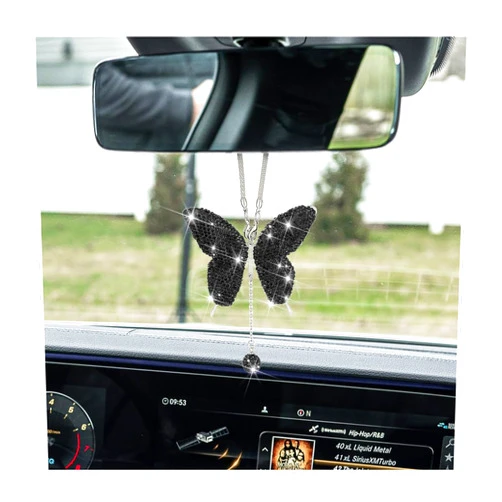 XINLIYA Bling Butterfly Diamond Car Accessories, Crystal Car Rear View Mirror Charms for Women, Car Decoration Lucky Gifts Hanging Interior Crystal Ornament Pendant Decor for All Cars （Black）