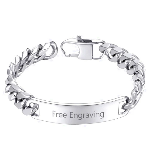 ChainsHouse Personalized ID Bracelet for Men Women Stainless Steel Cuban Curb Link Chain Custom Engrave Bar Bracelet Bangle, 7mm Width, 19-21CM, Send Gift Box