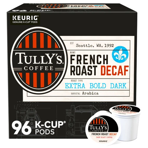 Tully's Coffee French Roast Decaf, Keurig Single-Serve K-Cup Pods, Dark Roast, 96 Count
