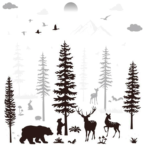 Outus Nursery Wall Decals Forest Deers Wall Stickers Bears Pine Tree Wall Decals Mural Art Wallpaper for DIY Children Room Nursery Vinyl Removable Decals (Classic Style)