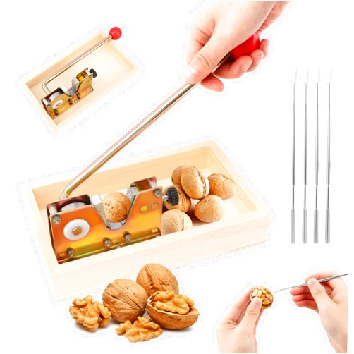 ZEENEEK Heavy Duty Nut Cracker with Wooden Base, Adjustable Manual Nut Cracker for All Nuts - Easy Open Walnut, Pecan, Macadamia, Hazelnut Opener Tool Kit with 4 Stainless Steel Picks