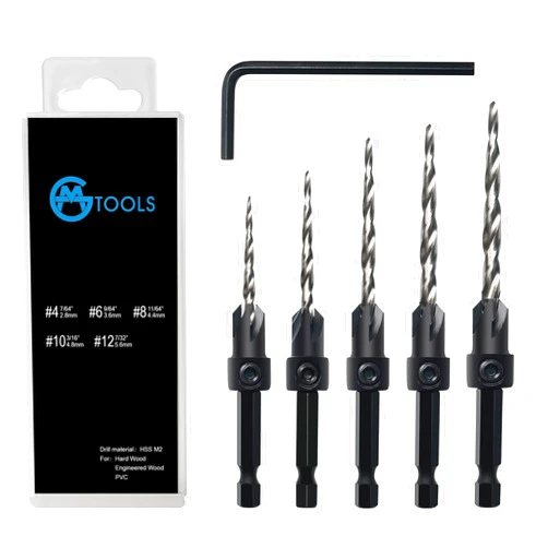 GMTOOLS Countersink Drill Bit Set, 5Pcs Tapered Drill Bits M2 HSS, with 1/4