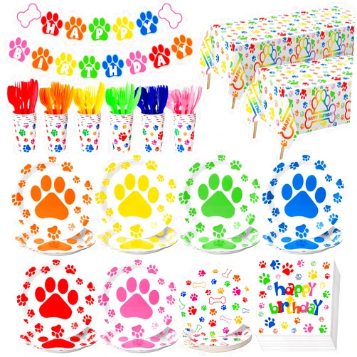 Gejoy 171 Pcs Dog Birthday Party Supplies Dog Party Decorations Dog Paw Plates Banner Tablecloths Napkins Cups Knives Forks Spoons Doggy Puppy Party Decoration Serve 24 Guests(Stylish Color)
