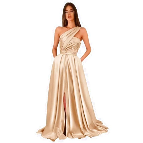 Vintys One Shoulder Prom Dresses Long with Pockets Satin Lace Formal Evening Gown with Slit A Line Ball Gown VS026