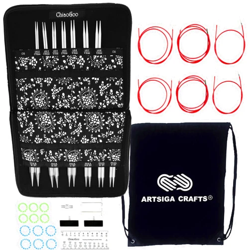 ChiaoGoo Knitting Needles Interchangeable Twist Red Lace Complete 5-Inch Needle Set Bundle with 1 Artsiga Crafts Project Bag 7500-C
