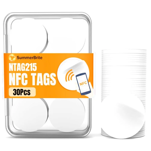 Summerbrite 30 Pcs NFC Tags NTAG215 Blank NFC Cards Stickers, Rewritable Programmable NFC 215 Chip NFC Coins with Adhesive Back, 504 Bytes Memory, Compatible with TagMo and NFC Enabled Devices