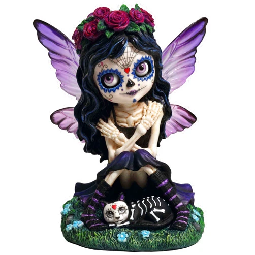 Veronese Design 4 3/4 Inch Day of The Dead Sugar Skull Butterfly Fairy Petting Cat Resin Hand Painted Figurine
