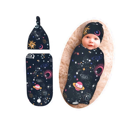 Osvbs Space Galaxy Newborn Swaddle Blanket with Beanie Set, Soft and Stretchy Baby Blanket Swaddle Sack for Boy and Girl