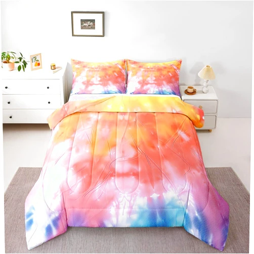 Erosebridal Girls Tie Dye Comforter Set with Pillowcase Trippy Bedding Boho Hippie Psychedelic Gypsy Down Comforter Twin Kids Bed Sets Soft Machine Washable Pastel Duvet Quilt Set, Orange Yellow Pink Purple Blue