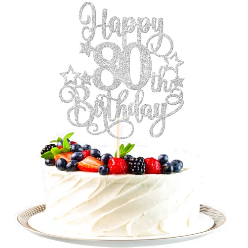 ZHUOWEISM 1 PCS Happy 80th Birthday Cake Topper Glitter Cheers to 80 Years Birthday Cake Pick Hello 80 Fabulous Cake Decoration for Happy 80th Birthday Anniversary Party Decorations Supplies Silver