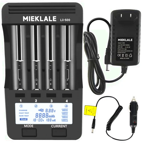 MIEKLALE 18650 Battery Charger,MIEKLALE Smart Universal Charger,LCD Display Included Power Adapter and Car Cords,Quick Charge for Li-ion(IMR/ICR) Ni-MH/Cd AA AAA 18650 26650 18350 17500 14500