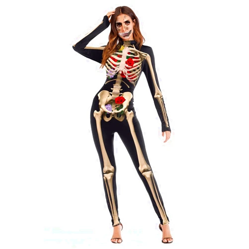 Evioset Womens Skull Skeleton Halloween Costume Jumpsuit Bodysuit One Piece Romper Outfit