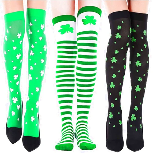 Viyorshop 3 Pairs St. Patrick's Day Socks Green Shamrock Clover Knee Socks Irish Long Tube Socks Thigh High Socks for Women Girls