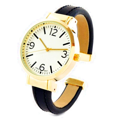 STC Black Gold Large Face Easy to Read Women's Bangle Cuff Watch