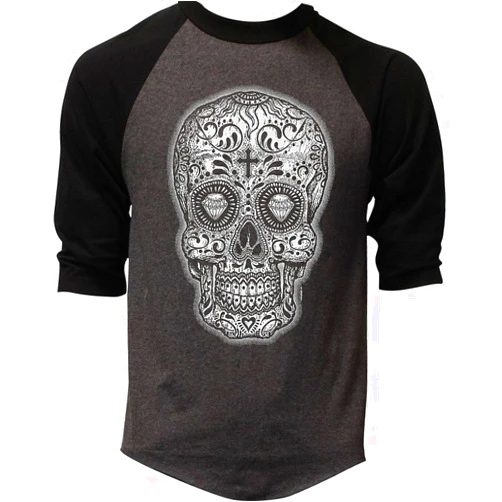 Interstate Apparel Inc Men's White Sugar Skull Diamond Eyes Black/Charcoal Raglan Baseball T-Shirt Black/Charcoal