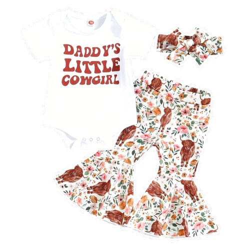Muasaaluxi Newborn Baby Girl Clothes Short Sleeve Romper Shirts Cow Print Bell Bottoms Headband Western Baby Girl Clothes