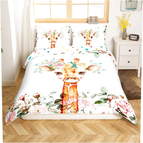 Erosebridal Kids Cartoon Animal Comforter Cover Cute Giraffe Bedding Sets Pink Rose Duvet Cover Twin Size Girls Floral Flower Quilt Cover,Wildlife Giraffe Skin Bedspread Cover Botanical Room Decor