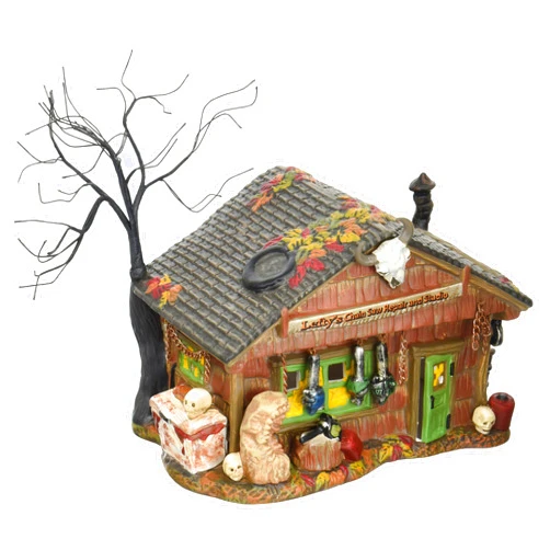 Department 56 Village Halloween Lefty's Chain Saw Repair Shop Lit House