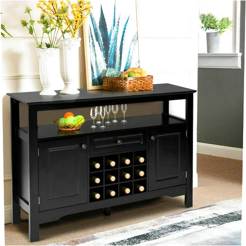 Zazza95shop Kitchen Dining Room Restaurant Hotel Bar Furniture Cabinet Storage Buffet Server Sideboard Classic Elegant Multifunction Wine Storage Rack Cabinet Table Sturdy Black Wood Spacious Tabletop Open Shelf