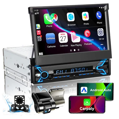 Naifay Single Din Car Stereo with Dash Cam & Backup Camera, 7INCH Flip Out Single Din Touchscreen Car Stereo with Apple Carplay & Android Auto, Car Audio Receivers Bluetooth Mirrorlink FM Car Radio