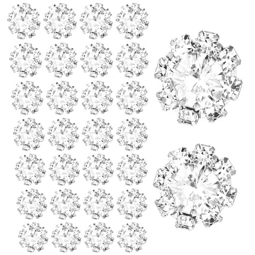 Yolev 30 Pcs Rhinestone Embellishments 12mm Crystal Flower Flatback Rhinestones Bulk Silver Rhinestone Buttons for DIY Jewelry Bridal Bouquets Wedding Crafting Clothing Shoes Hair Accessories(Silver)
