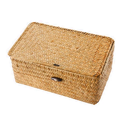 Vosarea Rattan Storage Basket,Straw Seaweed Basket, Hand-Woven Storage Basket Multipurpose Container with Lid for Desktop Home Decor (9inch)