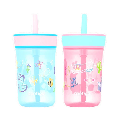 Contigo Leighton Kids Plastic Water Bottles, Spill-Proof Tumblers with Straw, Dishwasher Safe, 14oz 2-Pack in Blue Raspberry/Butterflies & Azalea/Llamas Themes - Ideal for Toddlers and Older Kids