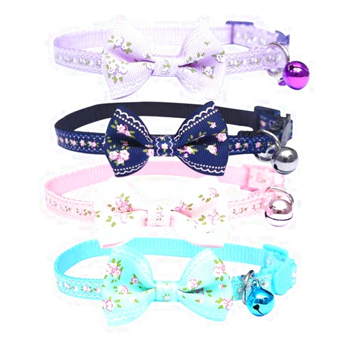 IDOLPET 4PCS Small Floral Safety Quick Release with Bell Adjustable Cat Collar with Bowtie for Cat Pup Kitty