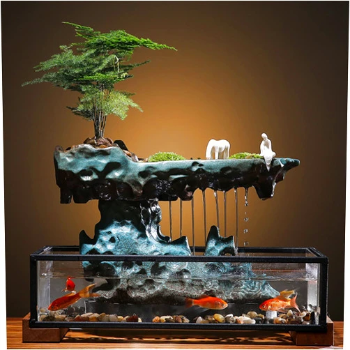 WANLECY Desktop Rockery Waterfall Fountain with Rockery, Aquariums and Stones for Living Room Office Decorate, Ceramic (Tank Size: 16L x 8W x 4H Inch)