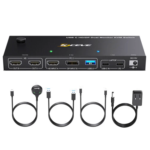 NAWEN USB C HDMI DP KVM Switch for 1 Desktop+1 Laptop, Dual Monitor KVM Switch 4K@60Hz Support PD with USB C Cable, Wired Controller and Power Adapter