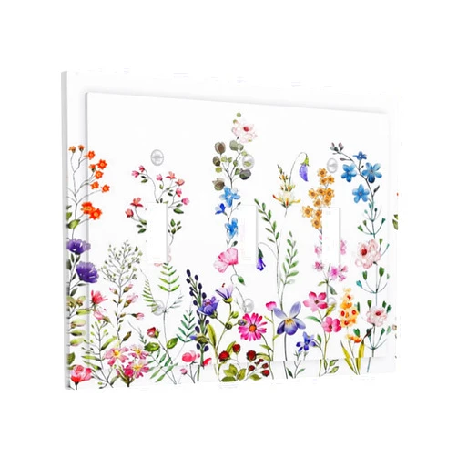 Uniswpate Colorful Colored Boho Floral Flowers 3 Gang Toggle Light Switch Cover, Spring Pretty Garden Wildflower Decorative Three Device Triple Toggle Switch Face Wall Plate Electrical Decorator Outlet Cover