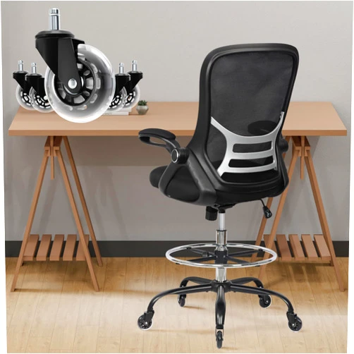 HYLONE Drafting Chair Tall Office Chair, High Ergonomic Standing Desk Computer Stools with Rubber Wheels, Flip-up Armrests, Adjustable Height and Foot-Ring, Comfortable Mesh Fabric, Black