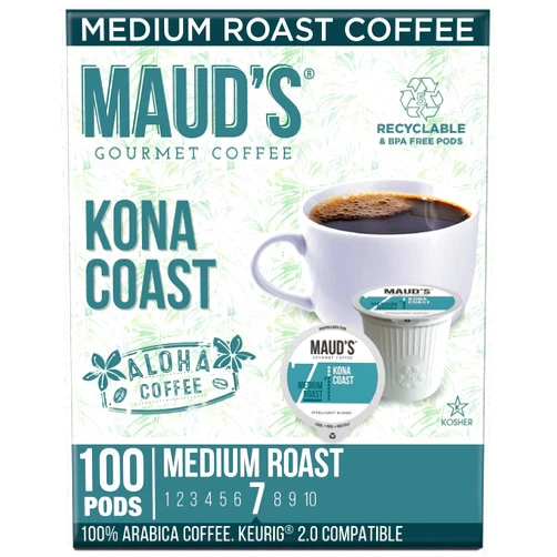 Maud's Kona Coffee Pods, 100 ct | Kona Coast Blend | 100% Arabica Medium Roast Coffee | Solar Energy Produced Recyclable Pods Compatible with Keurig K Cups Maker