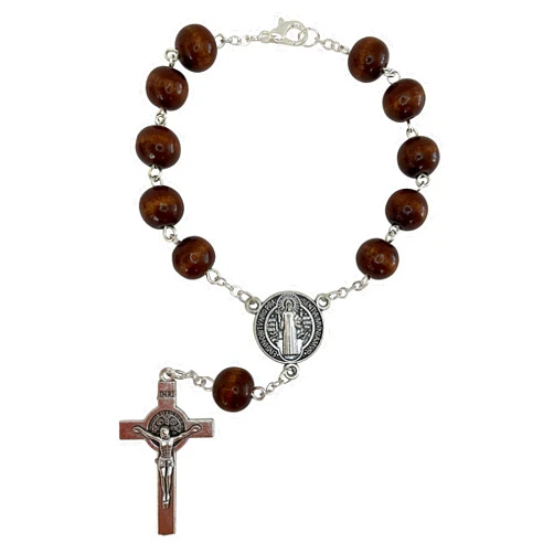 Treasure4U- One Decade Auto Rosary for Rearview Mirror Wooden Beads Catholic Bracelet St Benedict Medal and Crucifix Religious Gift Car Truck Travel Protection, Brown