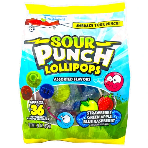 Adams & Brooks, Inc. Sour Punch Lollipops Sour Fruit Flavors Strawberry, Green Apple, Blue Raspberry Sour Lollipops, Sour Punch Pops Individually Wrapped 36 Count