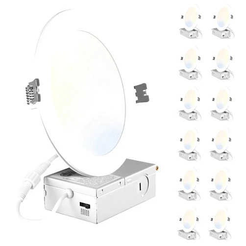Lodoolight 6 inch Recessed Led Lighting,12 Pack Canless 5CCT Slim Ceiling Light 2700K-5000K Selectable,1050LM Dimmable Recessed Downlight,12W 110W Eqv,Wafer Lights with Junction Box for Home
