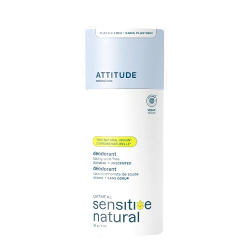 ATTITUDE Baking Soda Free Deodorant for Sensitive Skin with Oatmeal, EWG Verified, Aluminum Free, Plastic-Free, Unscented, 3 Ounces