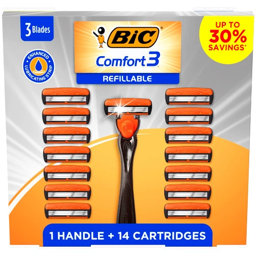 BIC Comfort 3 Refillable Disposable Razors for Men, 1 Handle and 14 Cartridges With 3 Blades, 15 Piece Razor Kit for Men