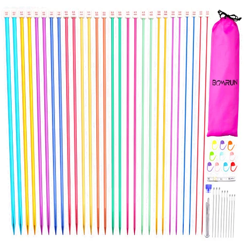 BCMRUN 28Pcs/14 Pairs Stainless Steel Knitting Needles Set, Colored Straight Single Pointed Metal Knitting Needles, 14 Size from 2.0mm-10.0mm, 13.8 Inches Length for Handmade DIY Knitting (35cm)