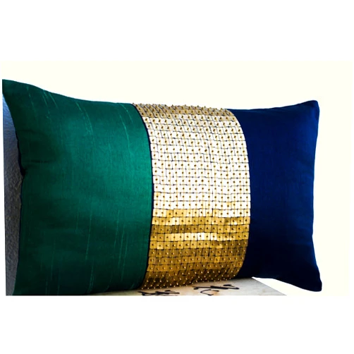 Amore Beaute Handmade Decorative Pillow Case - Beaded Throw Pillow Cover - Emerald Green Navy Blue Gold Color Block Silk - 12x20 Lumbar Pillow Cover