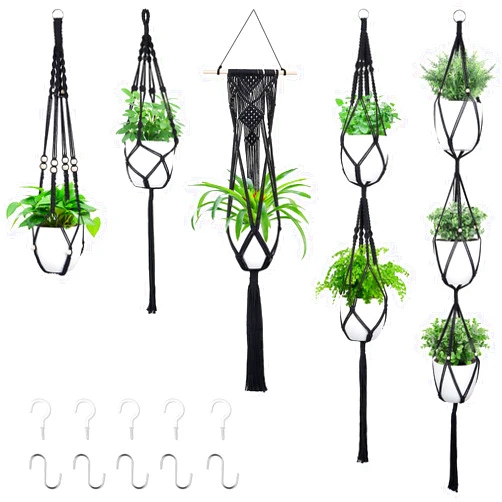 AerWo 5 Pack Macrame Plant Hanger Indoor Outdoor Hanging Planters + 10 PCS Hooks, Handmade Hanging Plant Holder Basket Stand Decorative Flower Pot Holder for Boho Home Decor(Different Tiers)