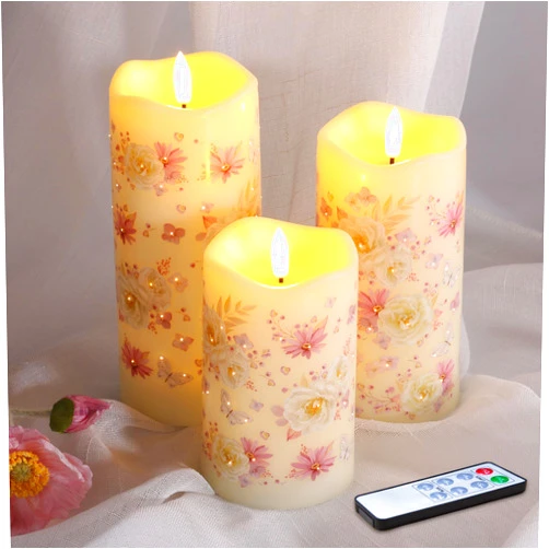 Eywamage Fiber Optic Flickering Flameless Pillar Candles with Remote, Daisy Butterfly Battery LED Candles Set of 3
