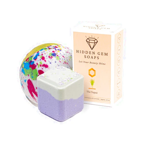 HIDDEN GEM SOAPS November Birthstone Topaz 3 Piece Gift Set All Natural Bar Soap, Bath Bomb, Shower Steamer Made in USA Palm Oil Free