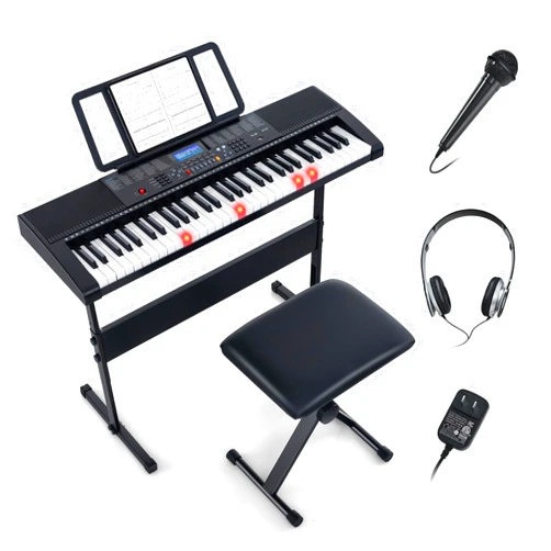 Costzon 61 Key Keyboard Piano, Electric Piano Keyboard for Beginners with Lighted Keys, 600 Timbres, 400 Rhythms, 50 Demos, 3 Teaching Modes, Headphones, Microphone, Built-in Speakers, Stand & Bench